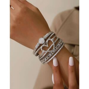 Bohemian Silver Polyurethane Cubic Zirconia & Heart Decor Layered Bracelet